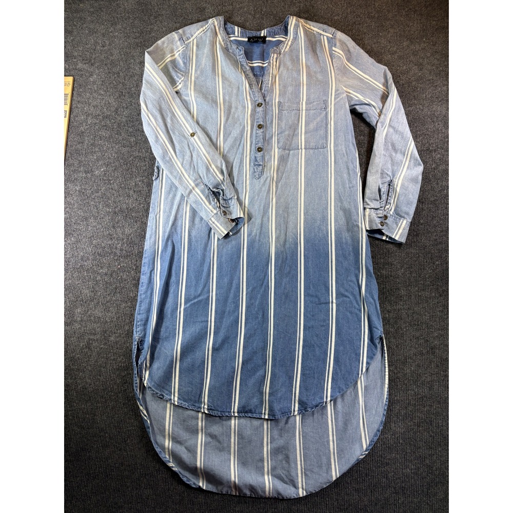 AUW Blue Ombre Striped High Low Henley Tunic Dress Womens 6 Cotton Tencel 487197